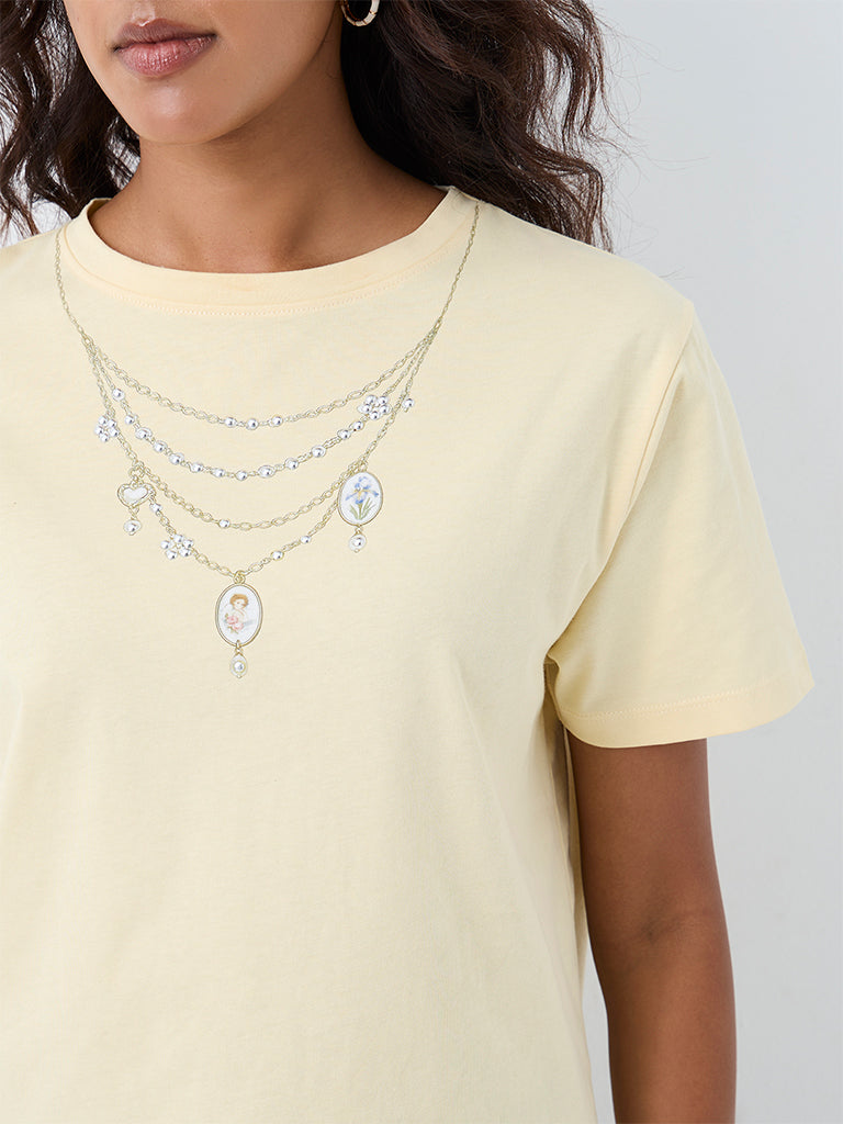 LOV Yellow Jewellery Printed Cotton T-Shirt