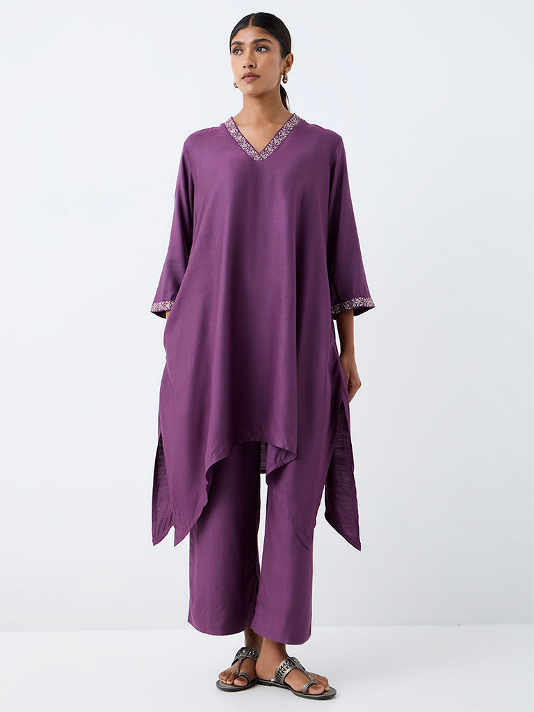 Zuba Purple Floral Embroidered Asymmetric Cotton-Blend Kurta