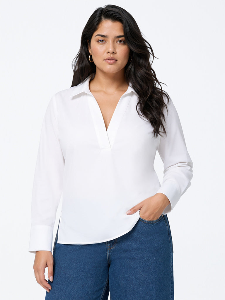 Gia White Solid High-Low Cotton Blouse