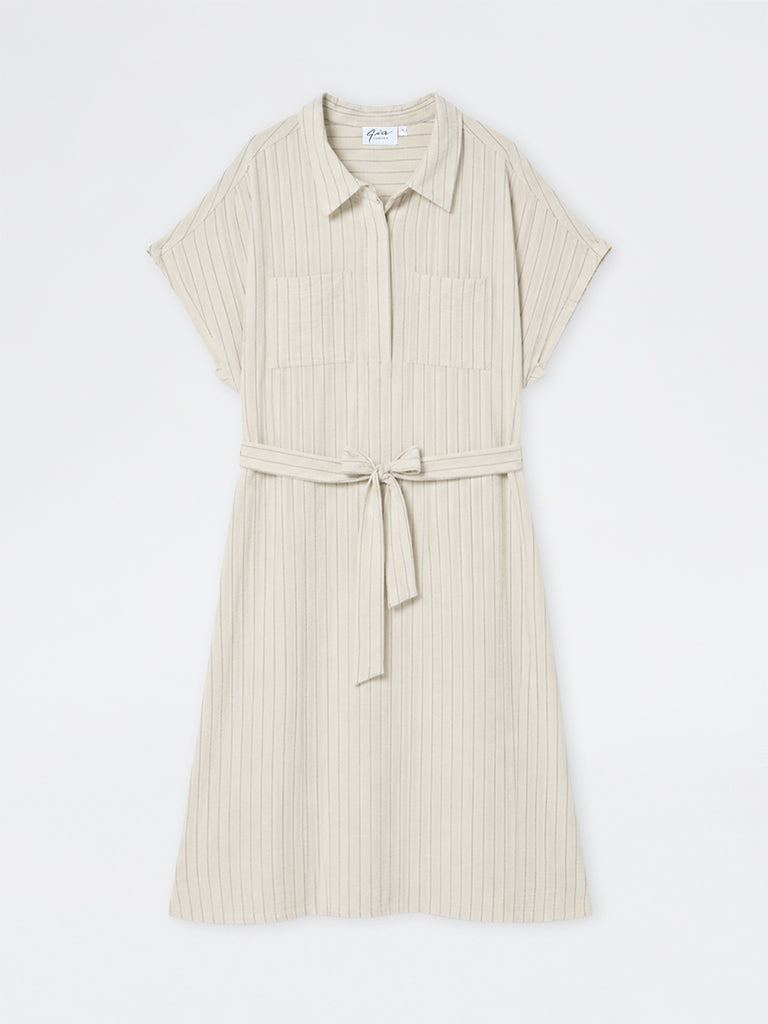 Gia Off-White Striped Shirt Dress with Belt