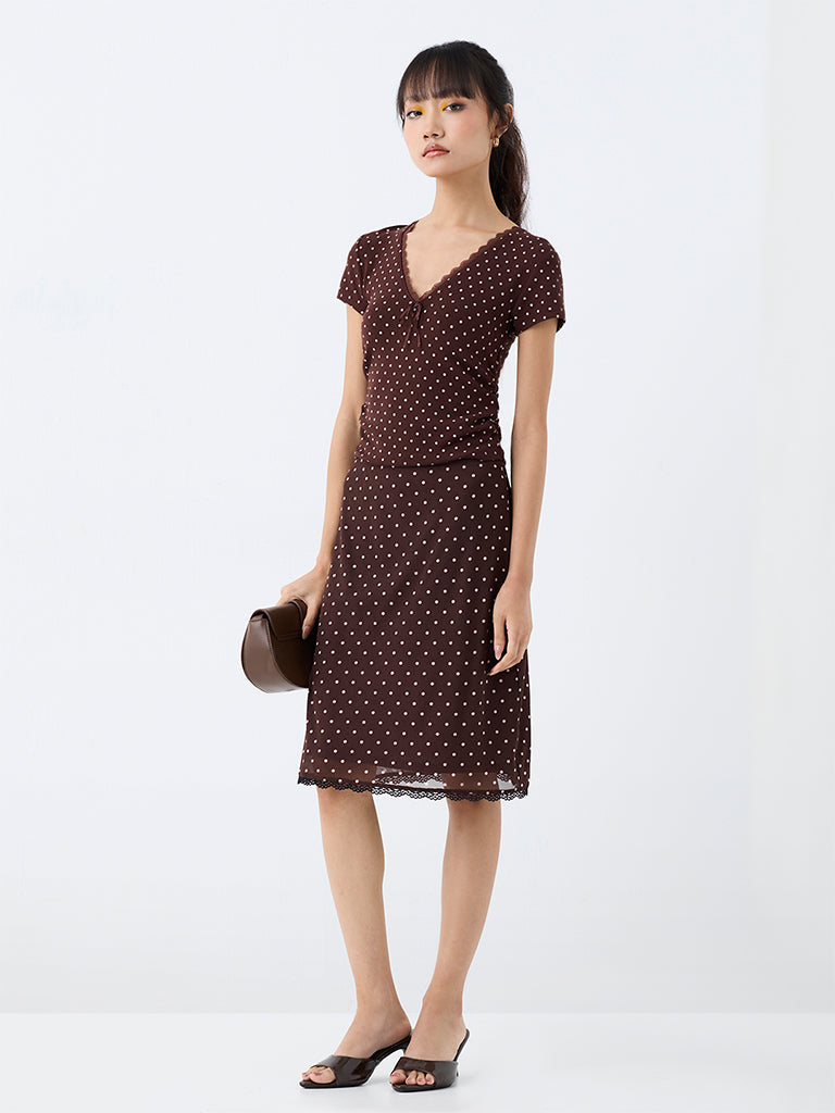 Nuon Dark Brown Polka Dotted High-Rise Skirt