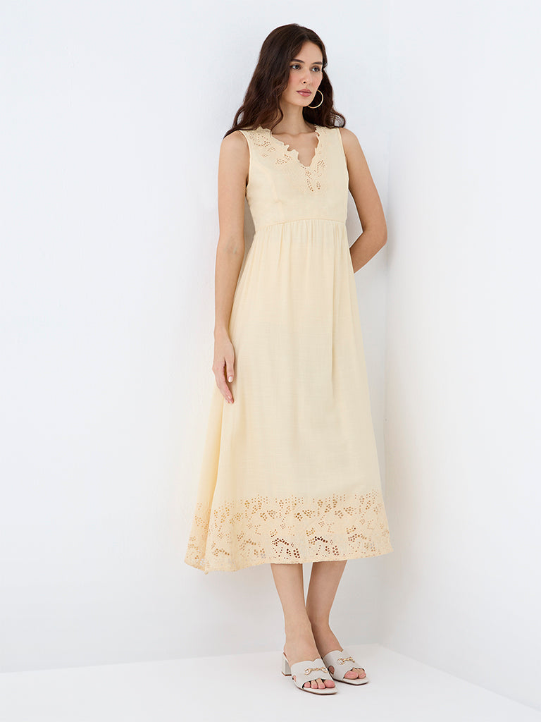 LOV Light Yellow Embroidered A-Line Midi Dress