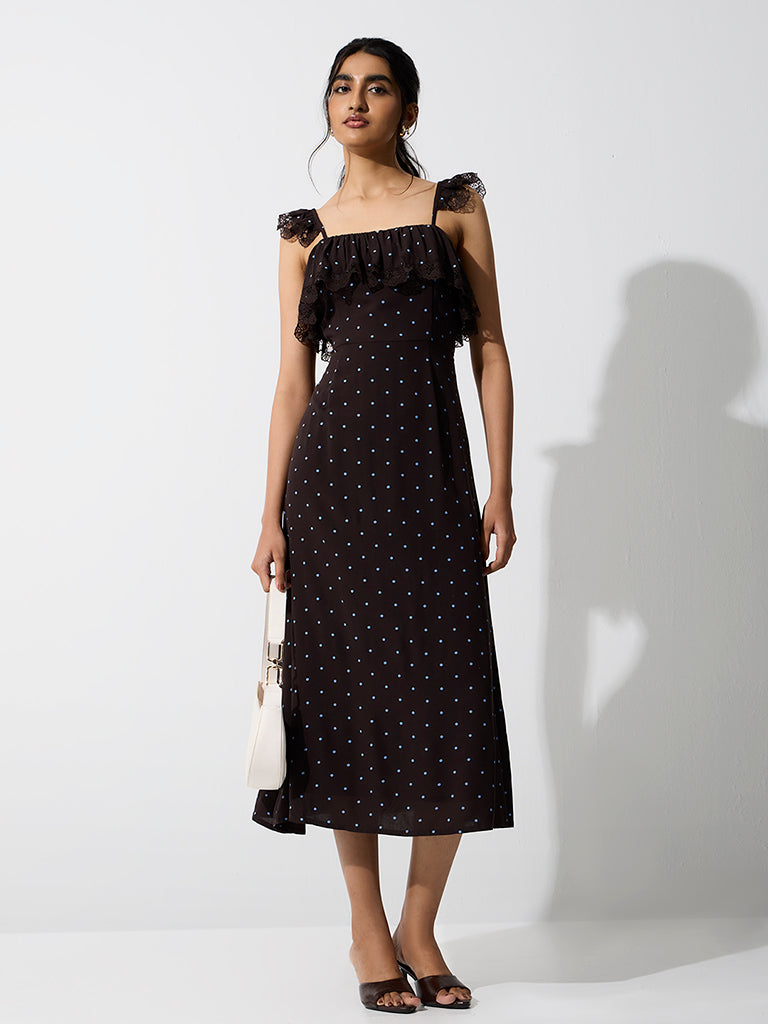 LOV Dark Brown Polka Dot Printed A-Line Dress