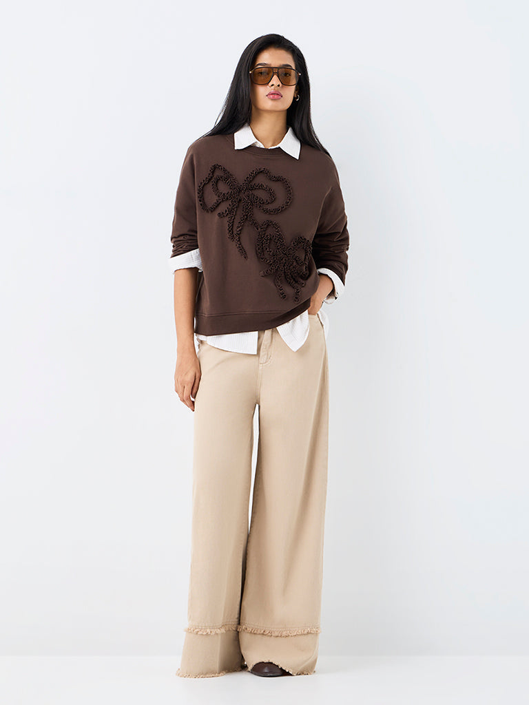 LOV Dark Brown Bow Detailed Cotton Sweatshirt