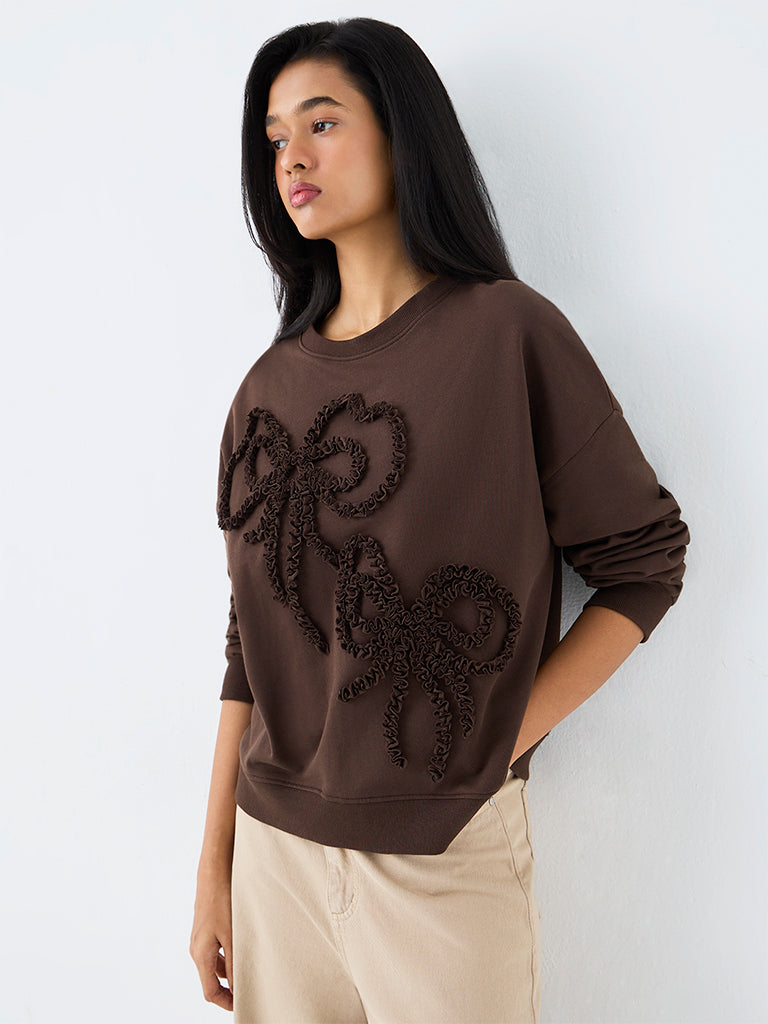LOV Dark Brown Bow Detailed Cotton Sweatshirt