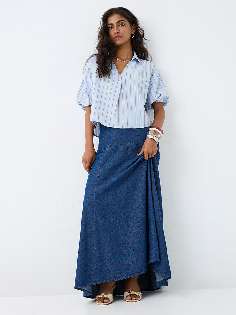 LOV Dark Blue High-Rise Cotton Maxi Skirt