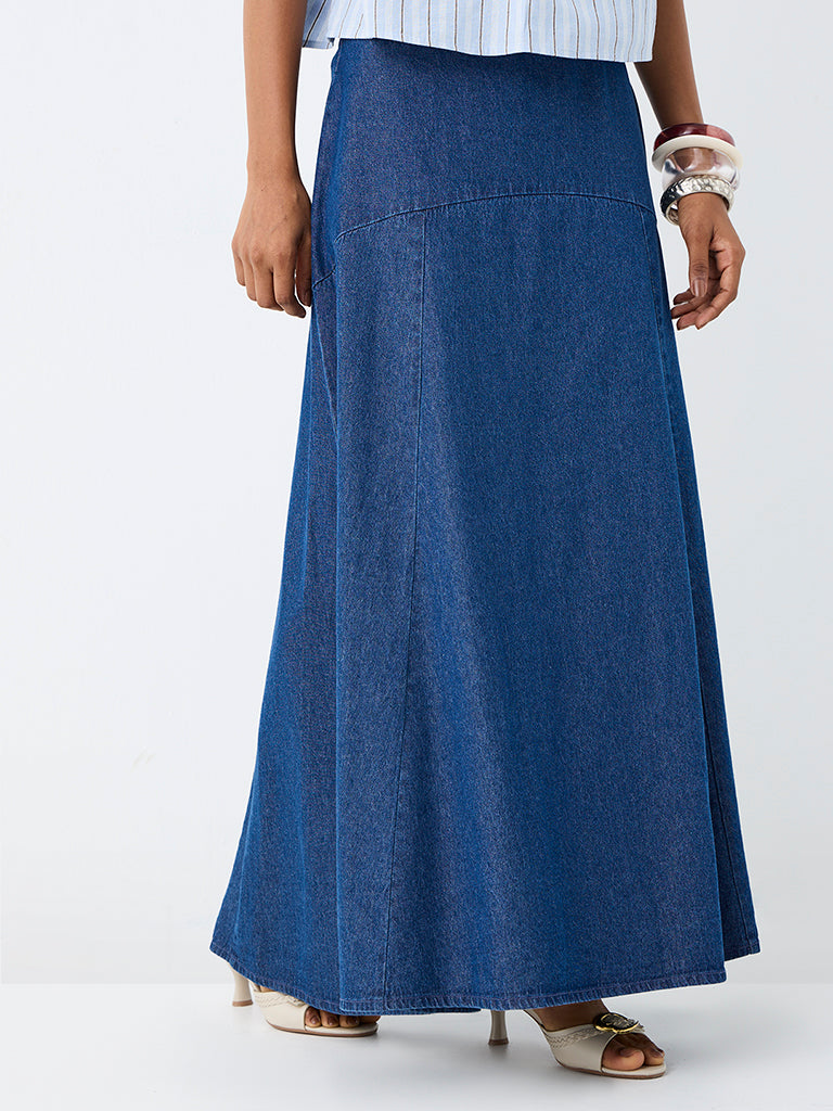 LOV Dark Blue High-Rise Cotton Maxi Skirt