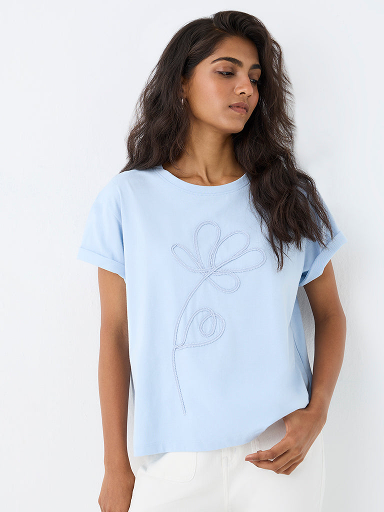 LOV Light Blue Floral Embroidered T-Shirt