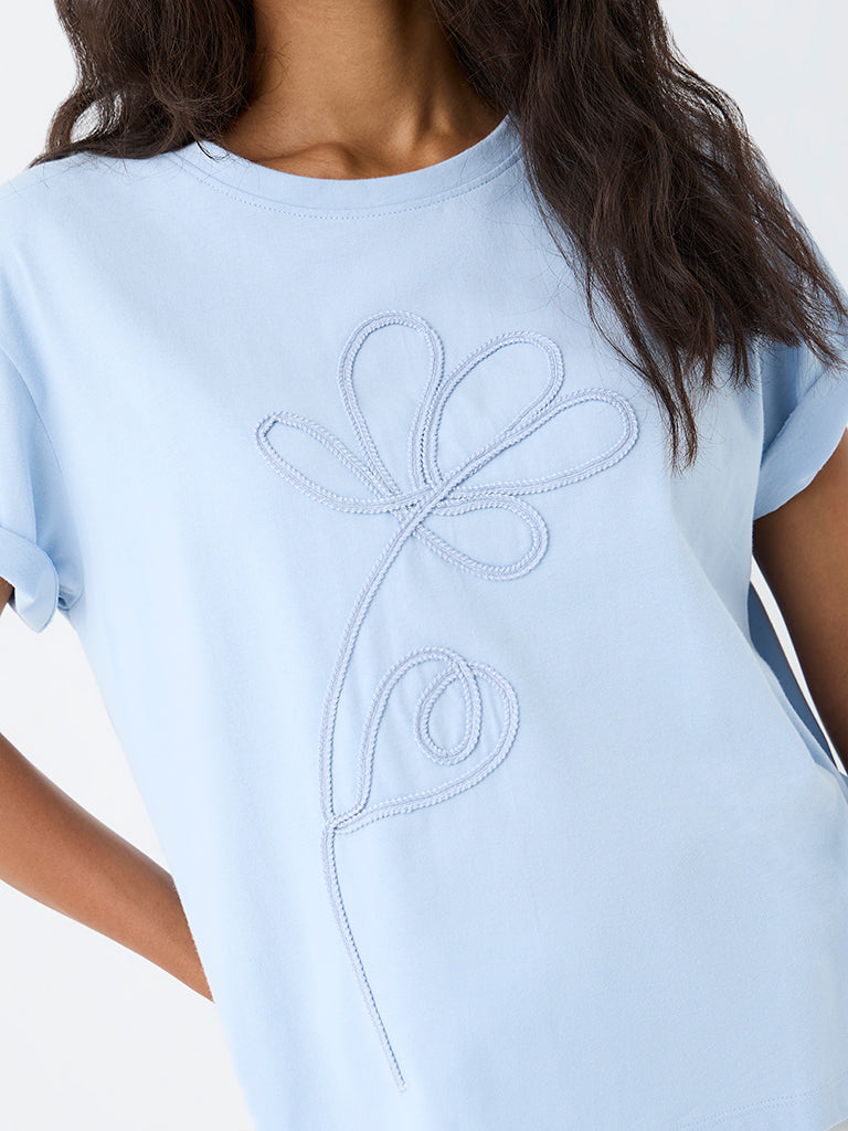 LOV Light Blue Floral Embroidered T-Shirt