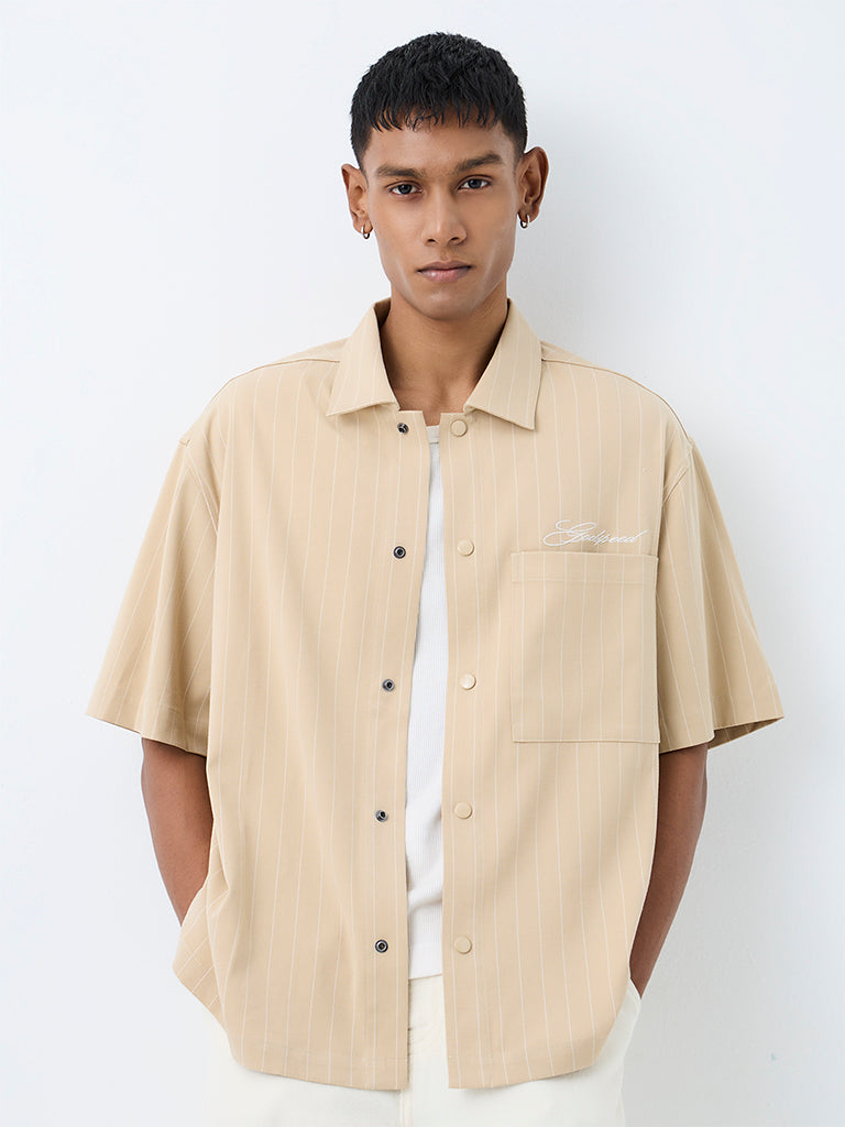 Nuon Beige Striped Relaxed-Fit Shirt