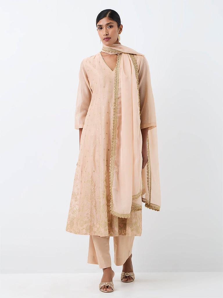 Vark Peach Sequin Embellished Flared Cotton-Blend Ethnic Set