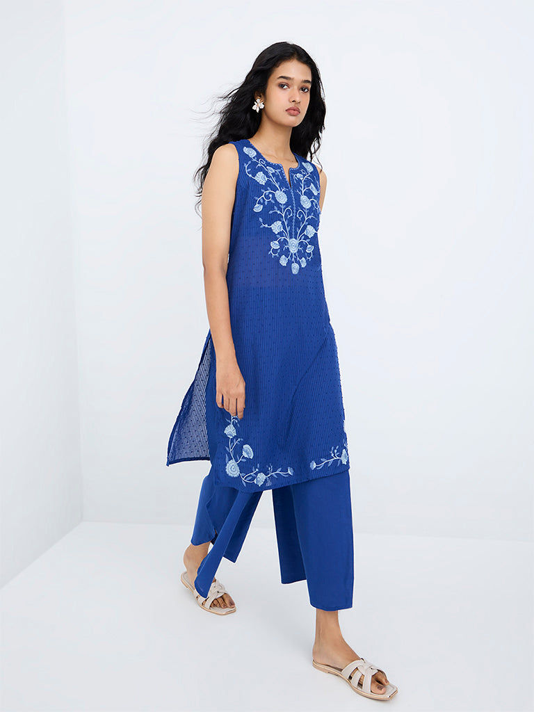Utsa Blue Floral Embroidered Cotton Straight Kurta