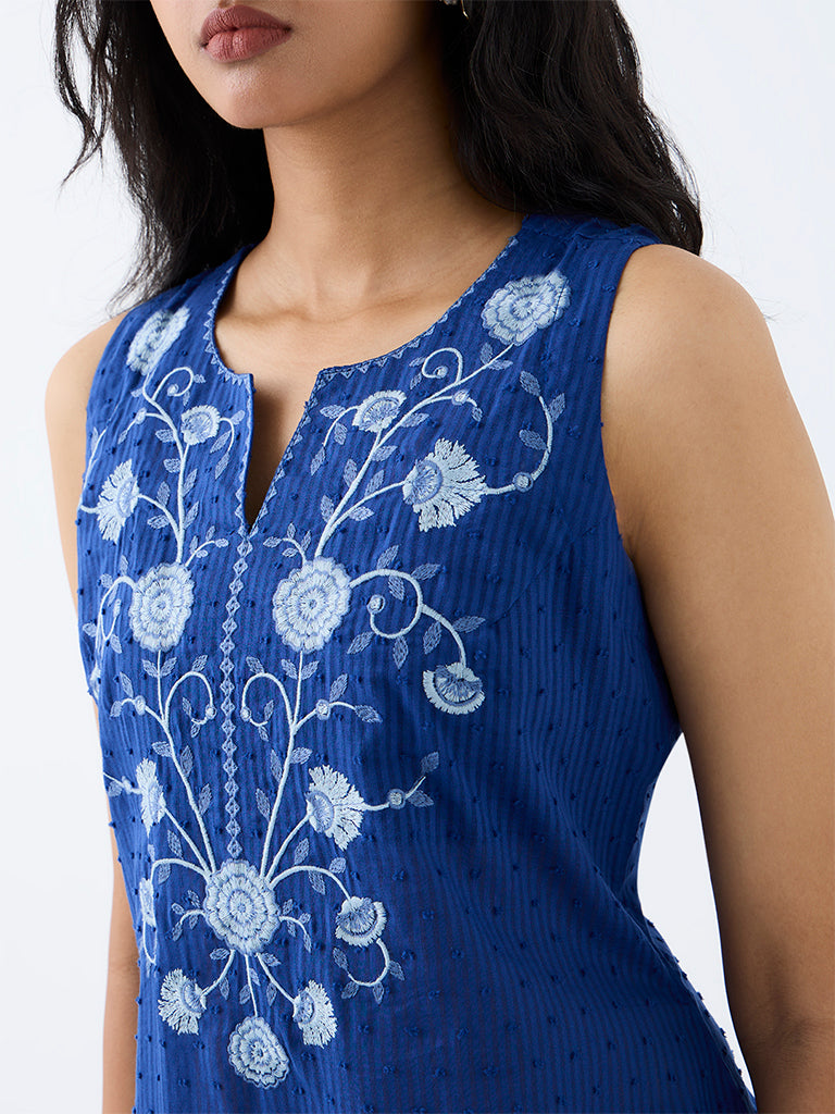 Utsa Blue Floral Embroidered Cotton Straight Kurta