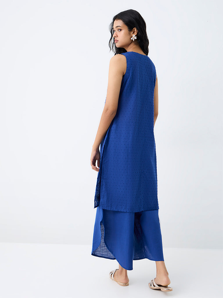 Utsa Blue Floral Embroidered Cotton Straight Kurta