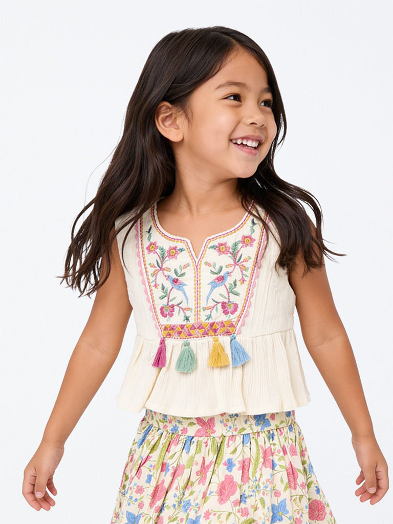Utsa Kids Girls Off-White Embroidered Cotton Top - (2-8 yrs)