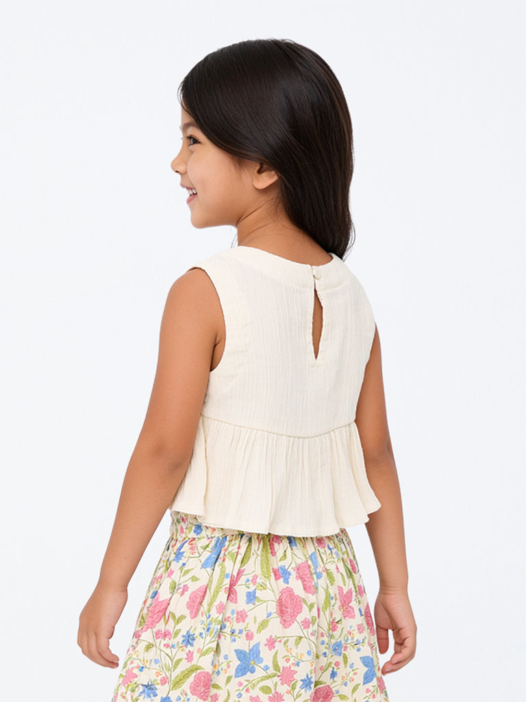 Utsa Kids Girls Off-White Embroidered Cotton Top - (2-8 yrs)