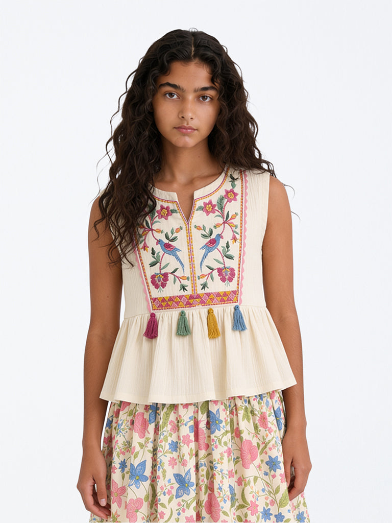 Utsa Kids Girls Off-White Embroidered Cotton Top - (8-14 yrs)