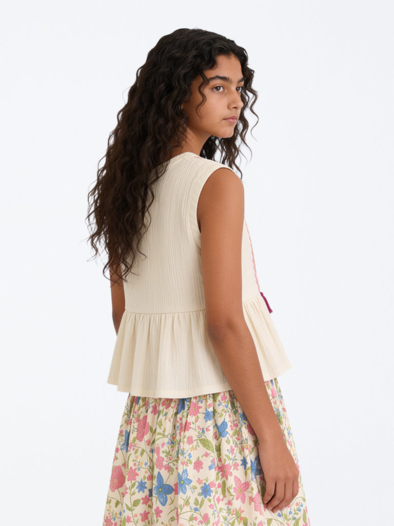 Utsa Kids Girls Off-White Embroidered Cotton Top - (8-14 yrs)
