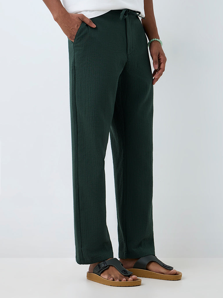 ETA Dark Green Striped Relaxed-Fit Mid-Rise Cotton Chinos