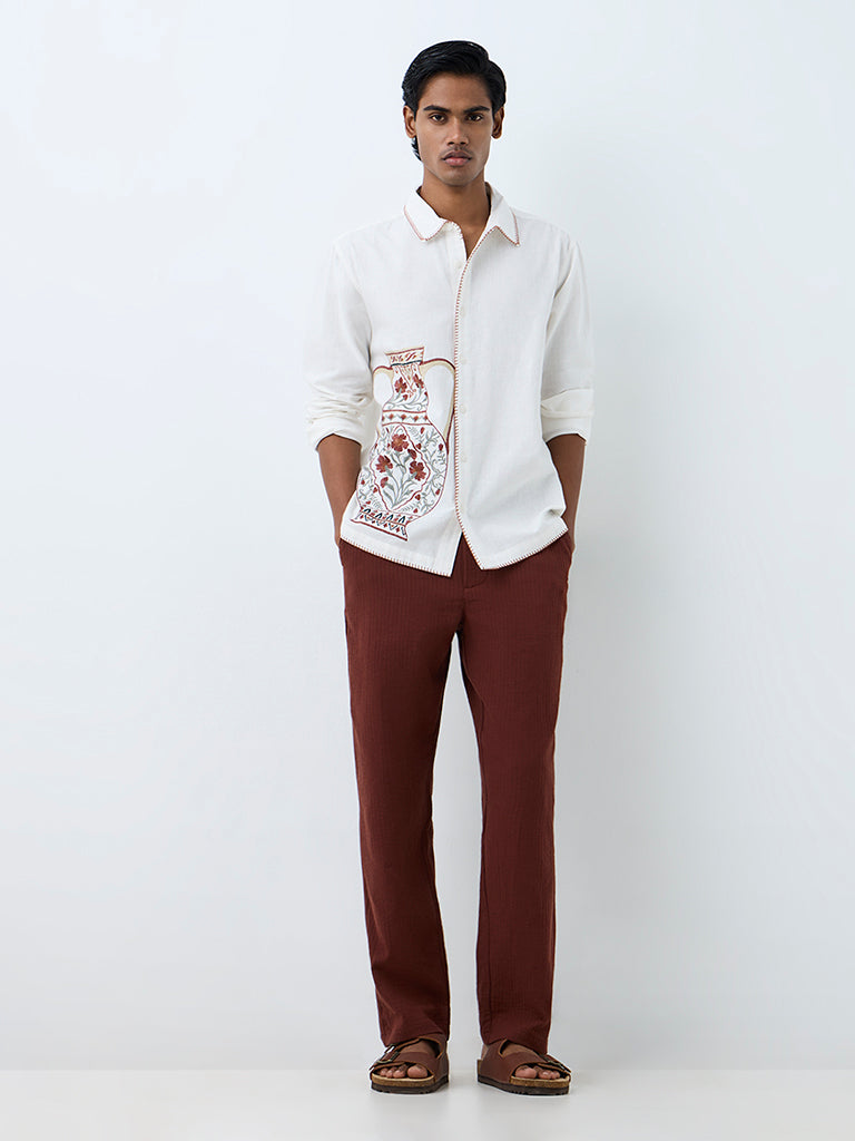 ETA Dark Rust Self-Striped Relaxed-Fit Mid-Rise Cotton Chinos