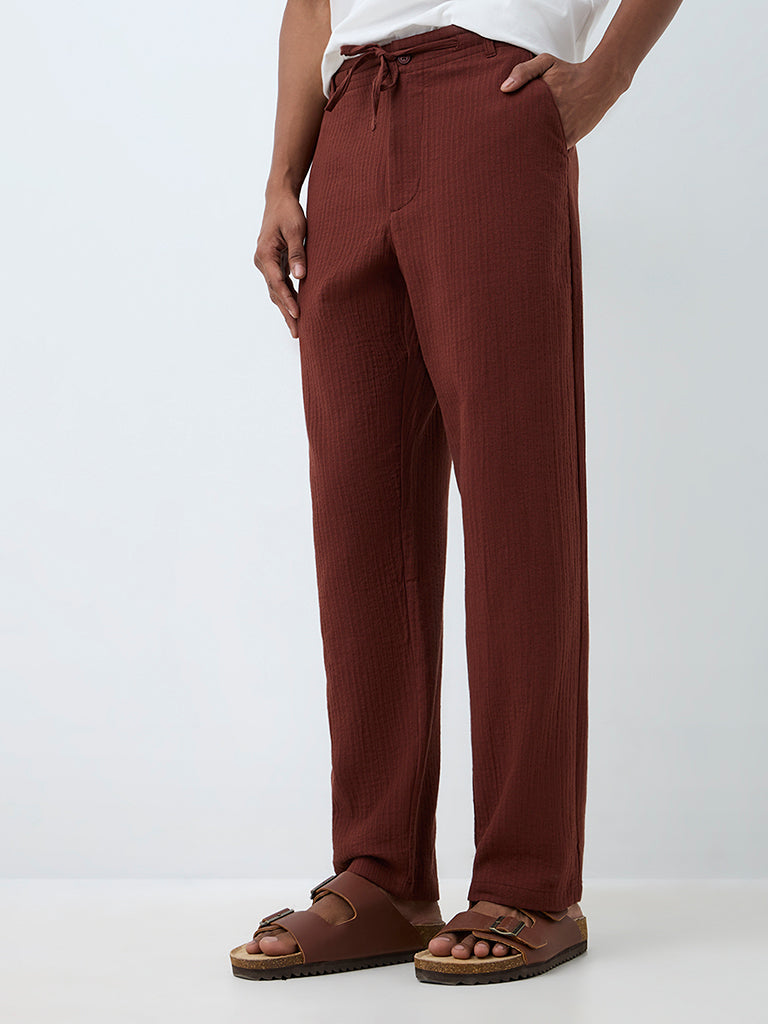 ETA Dark Rust Self-Striped Relaxed-Fit Mid-Rise Cotton Chinos