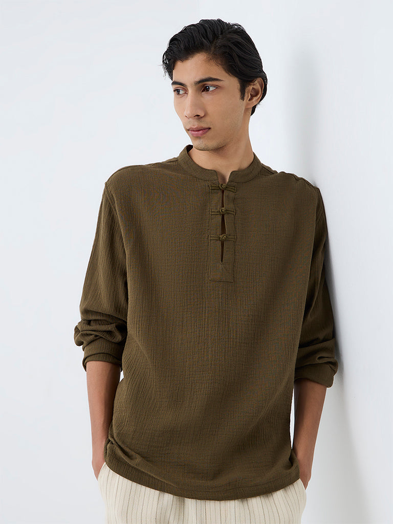 ETA Dark Olive Crinkle-Textured Relaxed-Fit Cotton Frog Fastenings Shirt
