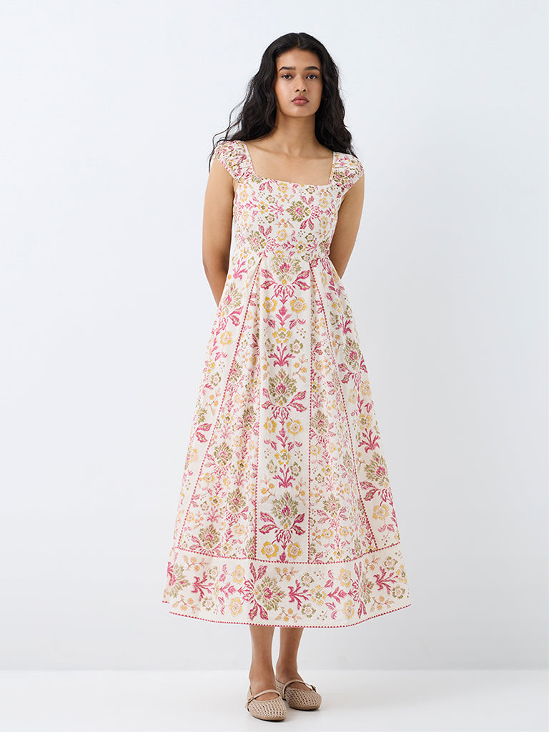 Bombay Paisley Off-White Floral Printed Cotton A-Line Dress