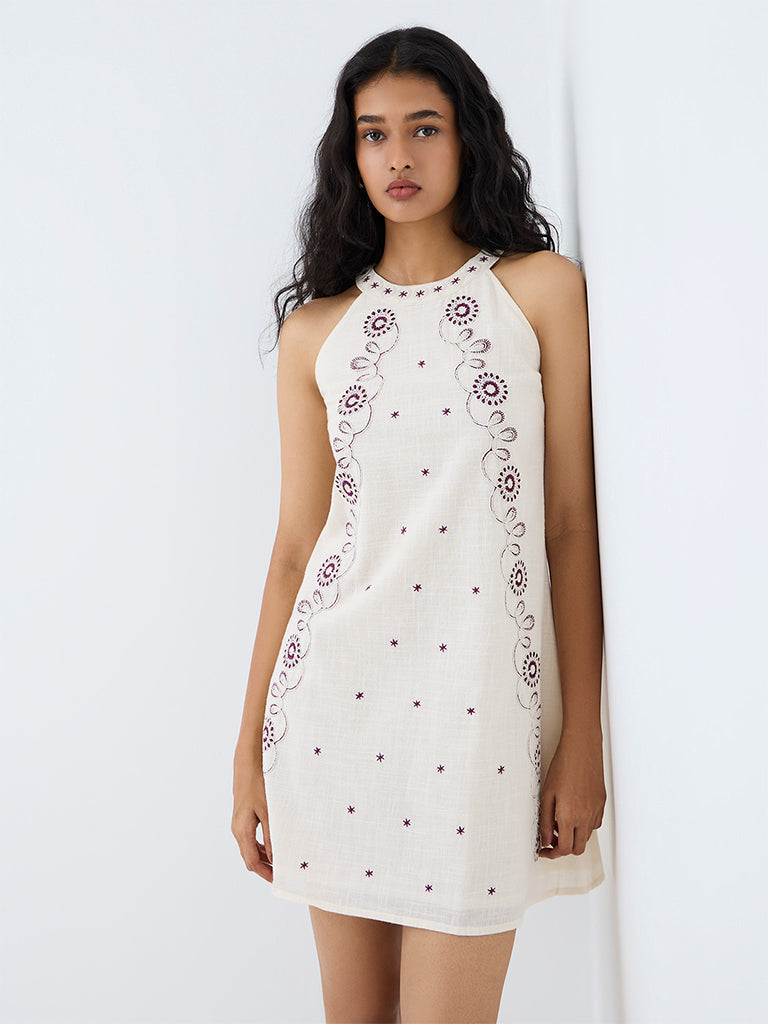 Bombay Paisley White Floral Embroidered Cotton Shift Dress