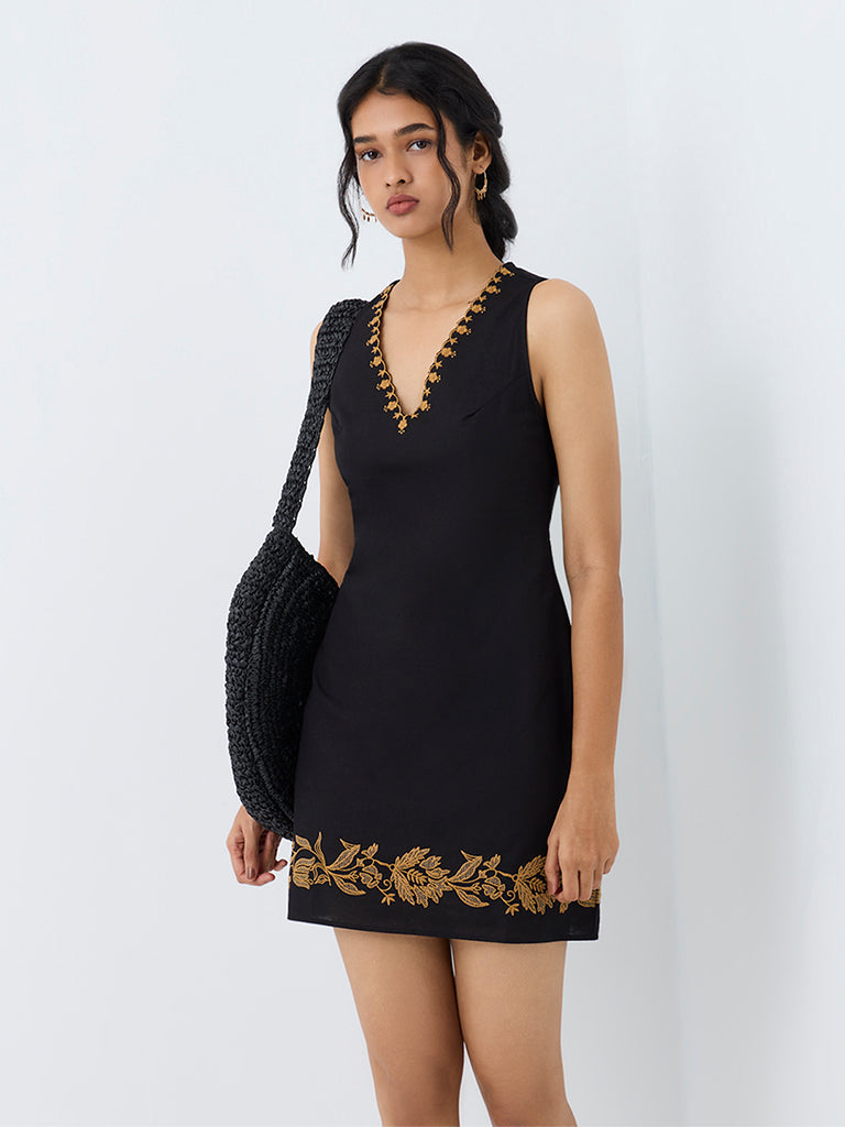 Bombay Paisley Black Floral Embroidered Cotton Mini Straight Dress