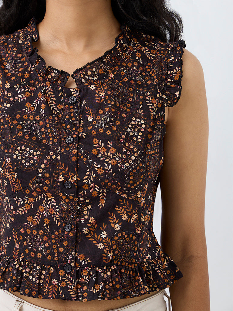 Bombay Paisley Dark Brown Floral Printed Cotton Top