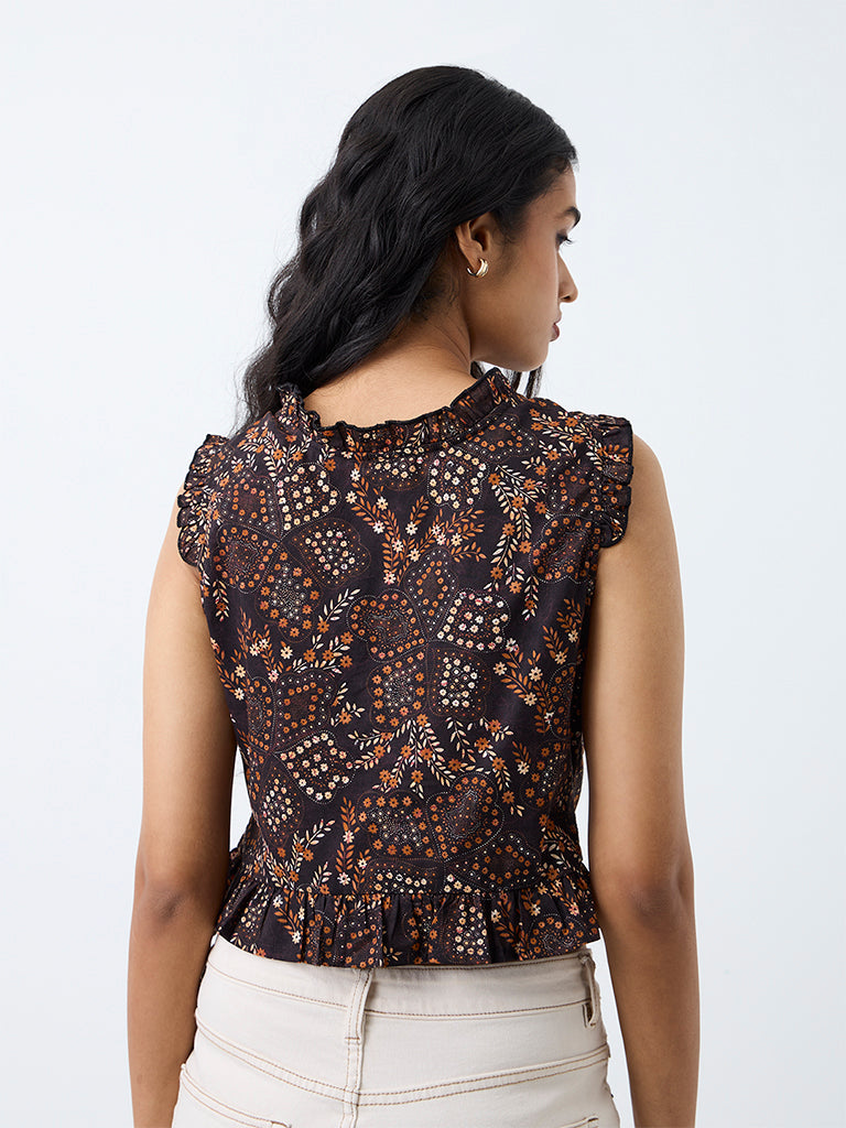 Bombay Paisley Dark Brown Floral Printed Cotton Top