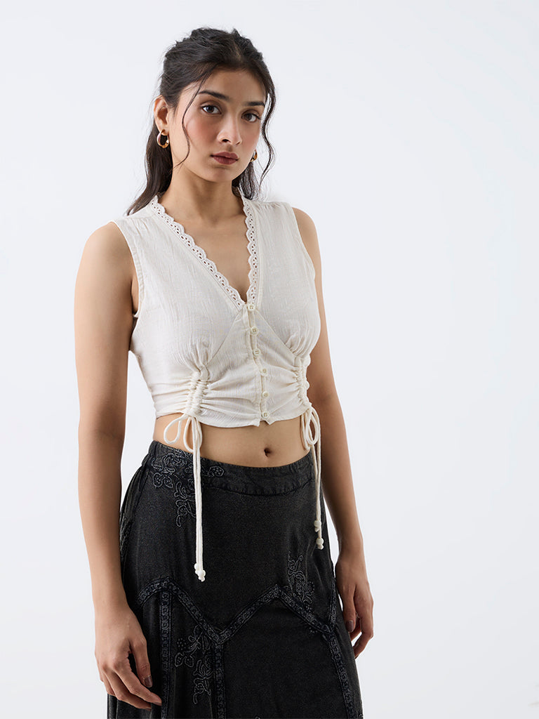 Bombay Paisley Off-White Ruched-Detail Tie-Up Cotton Top