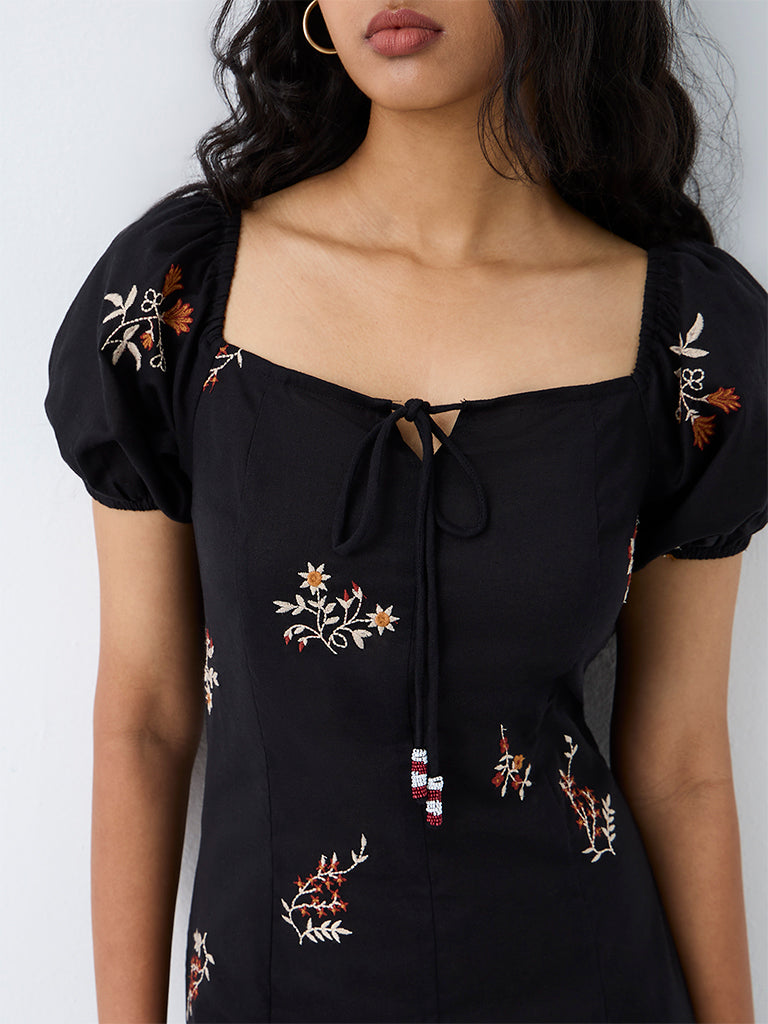 Bombay Paisley Black Floral Embroidered Cotton-Blend Midi A-Line Dress