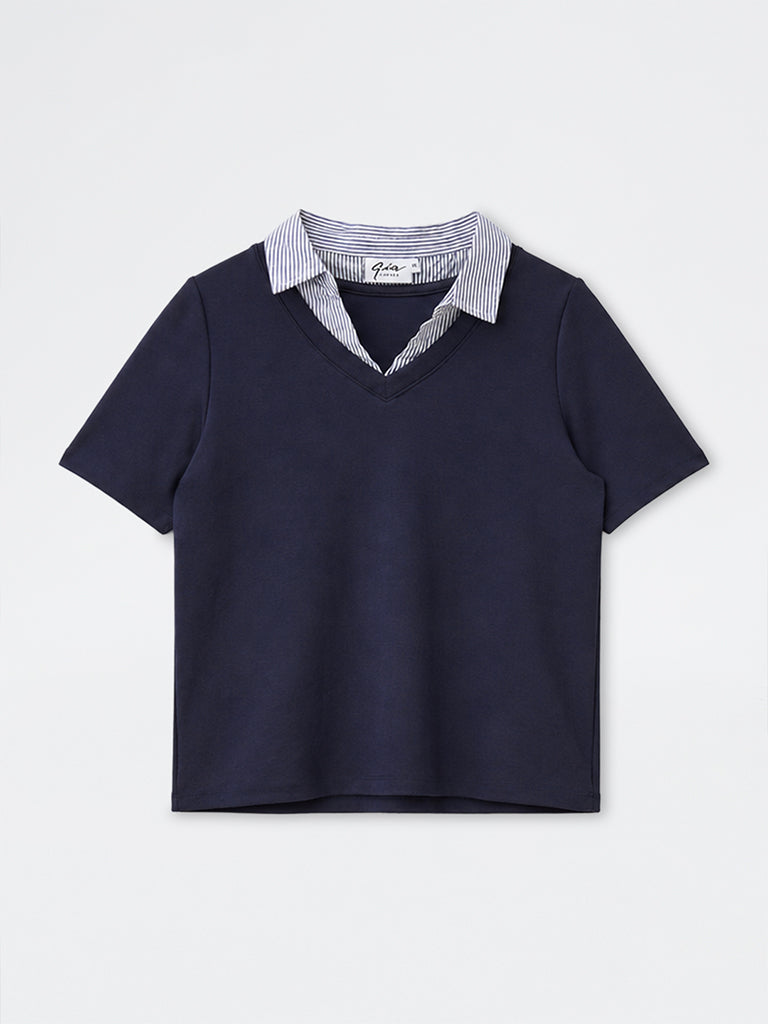 Gia Navy Solid Collar-Detail T-Shirt