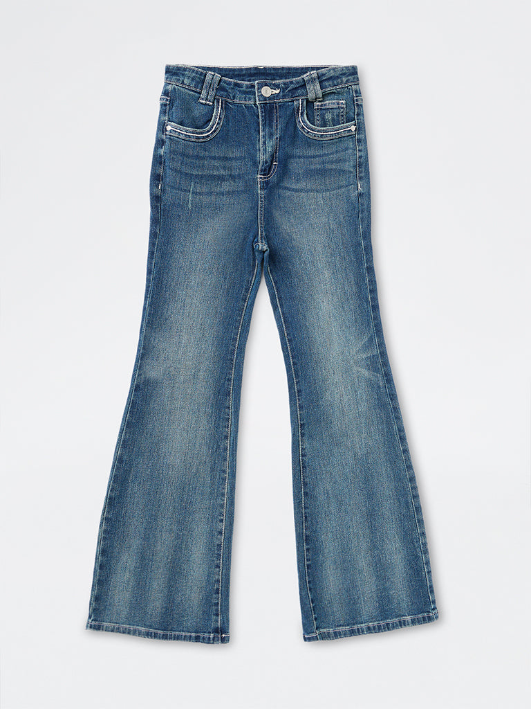 Girls Dark Blue Washed High-Rise Bootcut Jeans
