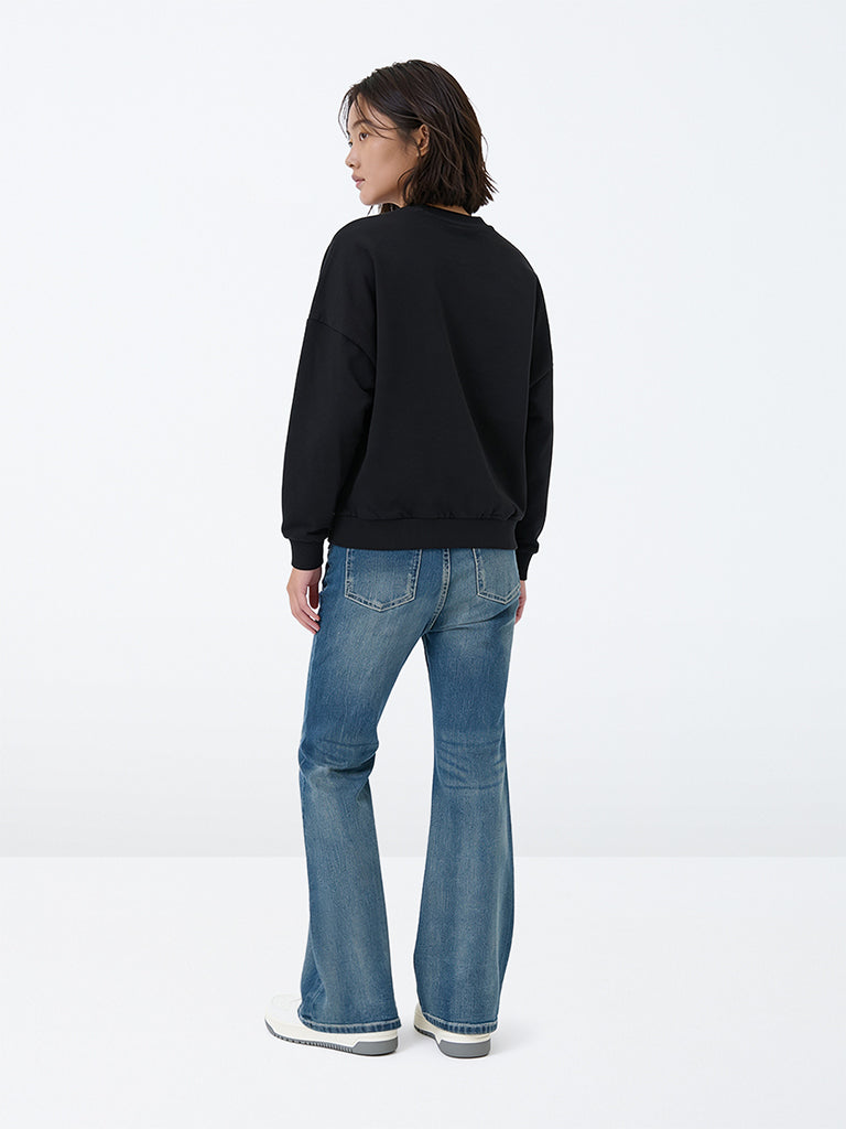 Girls Dark Blue Washed High-Rise Bootcut Jeans