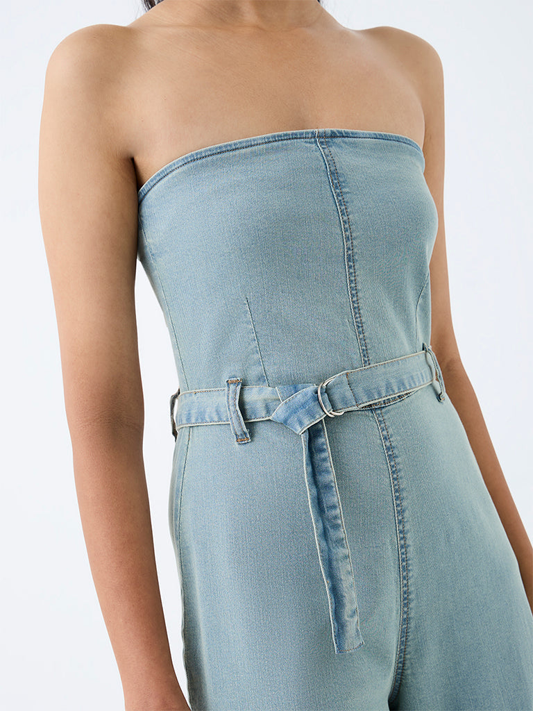 Nuon Light Blue Off-Shoulder Denim Jumpsuit with Belt