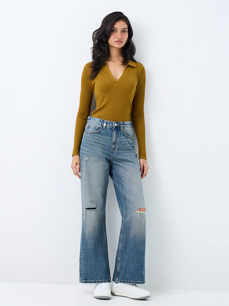 Nuon Blue-Wash High-Waist Straight Fit Jeans