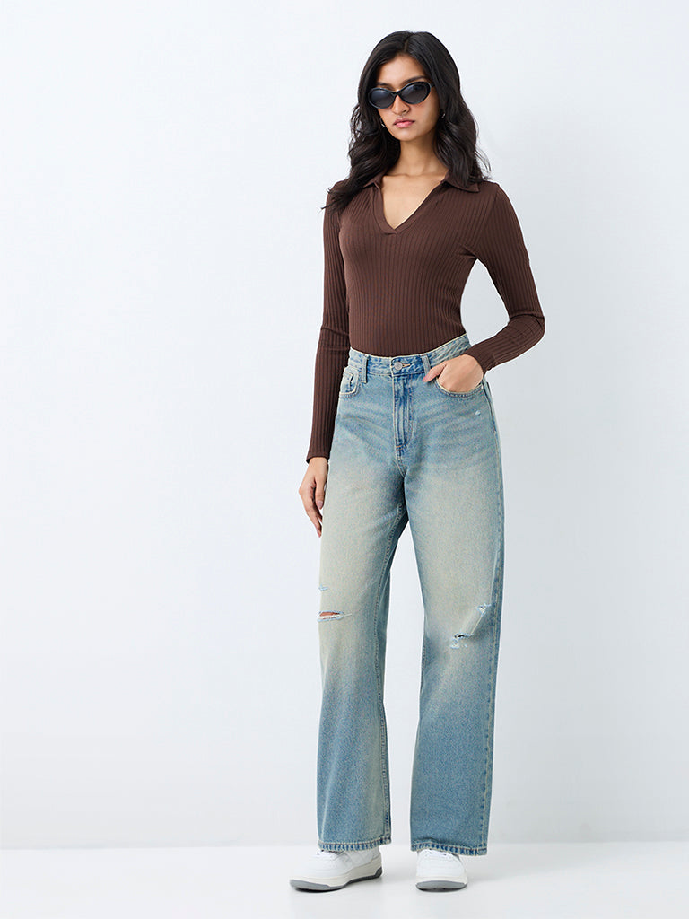 Nuon Light-Blue-Wash High-Waist Straight Fit Jeans