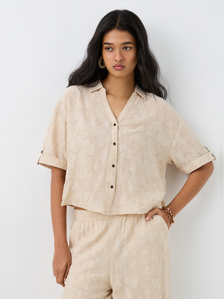 LOV Light Beige Floral Jacquard Cotton-Blend Shirt