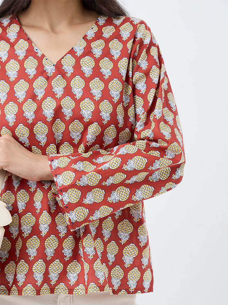 Utsa Orange Fruit Printed Cotton Tunic