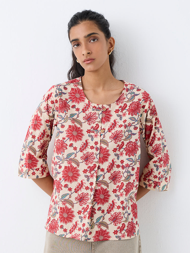 Utsa Light Beige Floral Printed Cotton Tunic