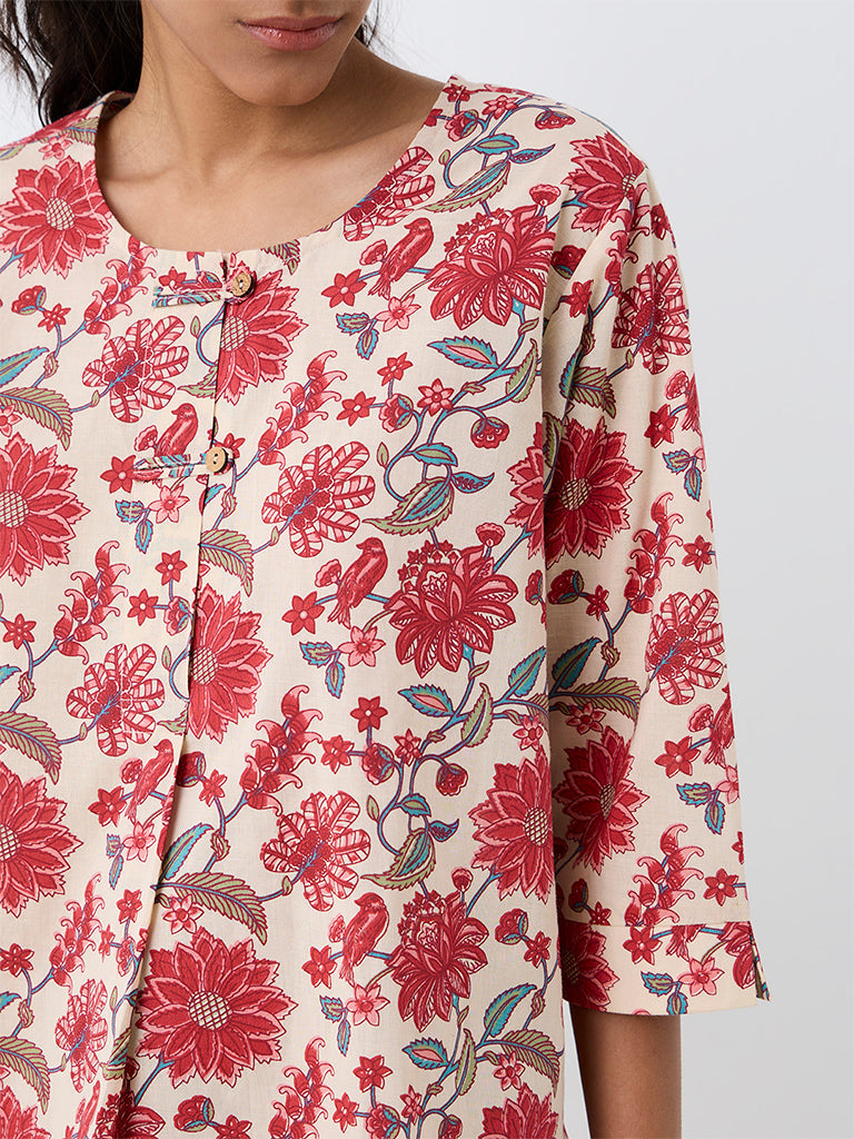 Utsa Light Beige Floral Printed Cotton Tunic