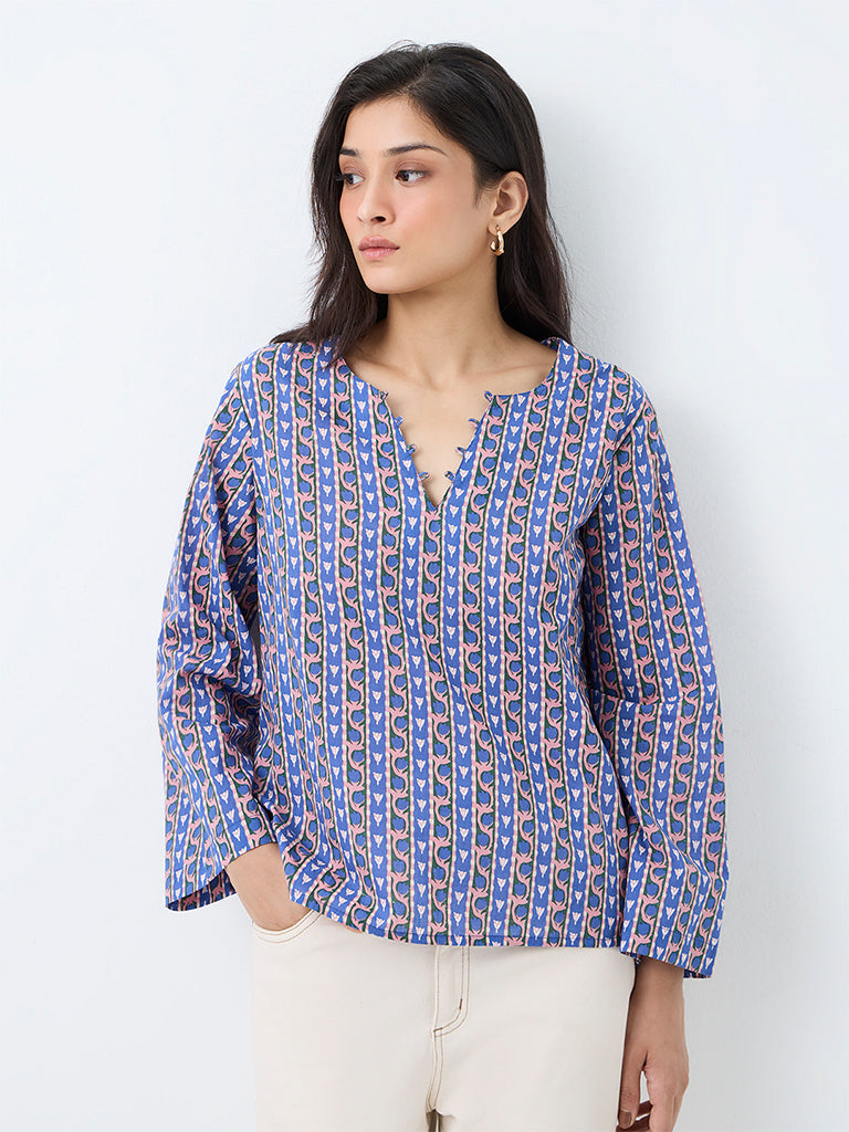 Utsa Blue Floral Pattern Cotton Top