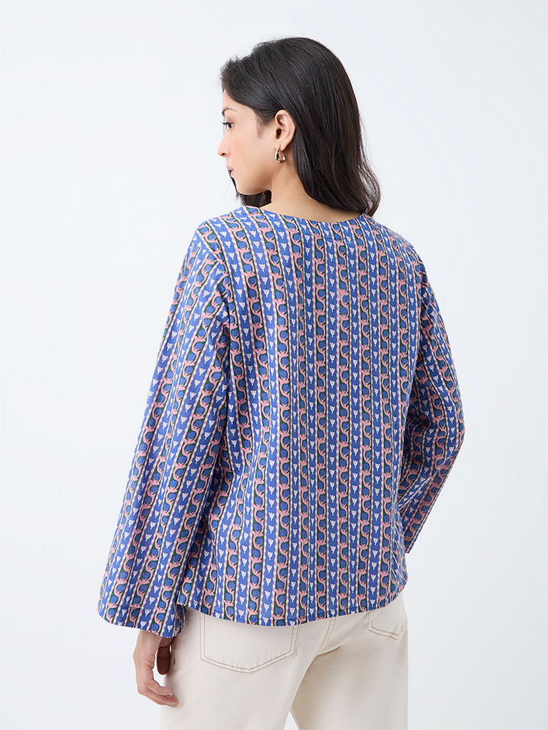 Utsa Blue Floral Pattern Cotton Top