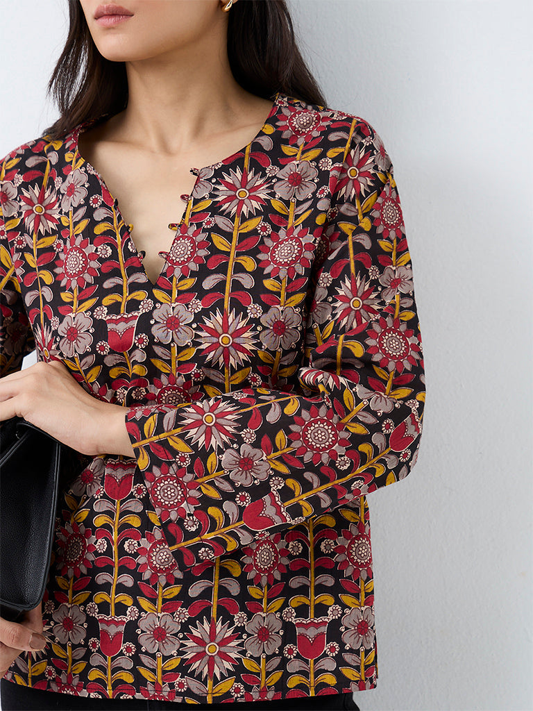 Utsa Red Floral Pattern Cotton Top