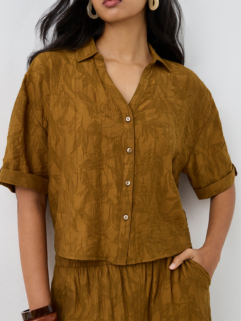 LOV Dark Mustard Floral Jacquard Shirt