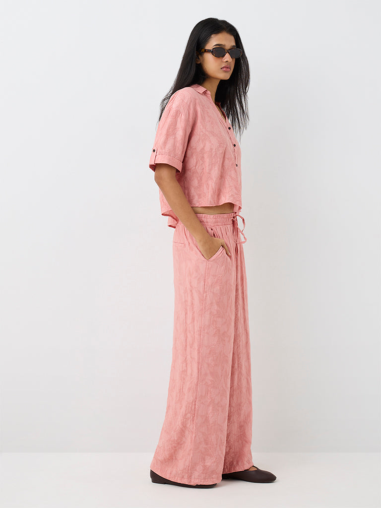LOV Pink Floral Jacquard High-Rise Cotton-Blend Trousers