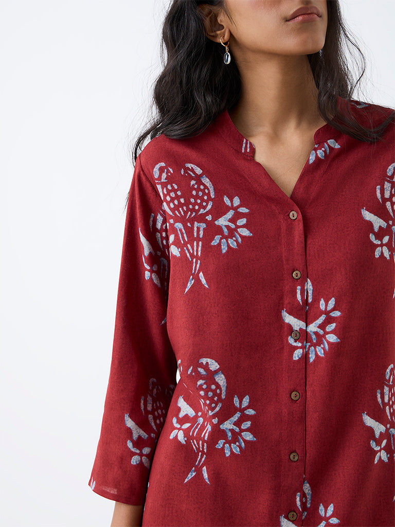 Utsa Red Bird Printed Asymmetrical Kurta