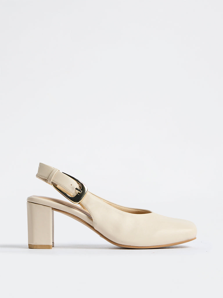 LUNA BLU Ivory Buckle-Detail Slingback Block Heel Shoes